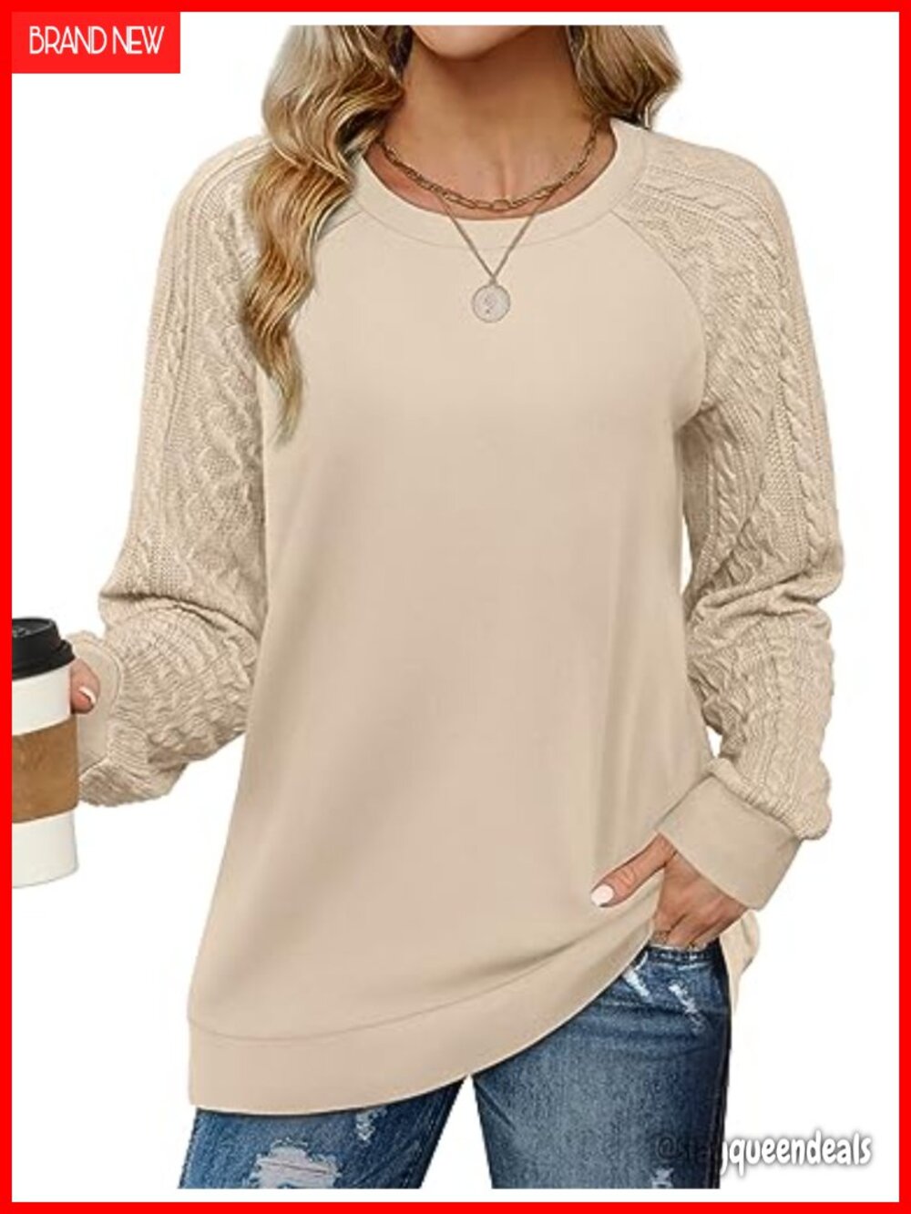 Cable Knit Sleeve Crewneck Sweatshirt Loose Fit Pullover Tunic Top